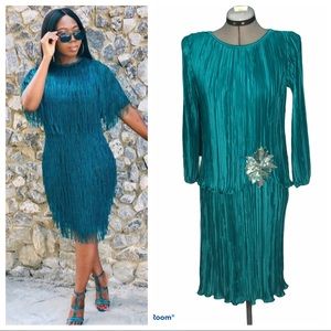 NWT vintage teal crinkle formal dress beaded patch